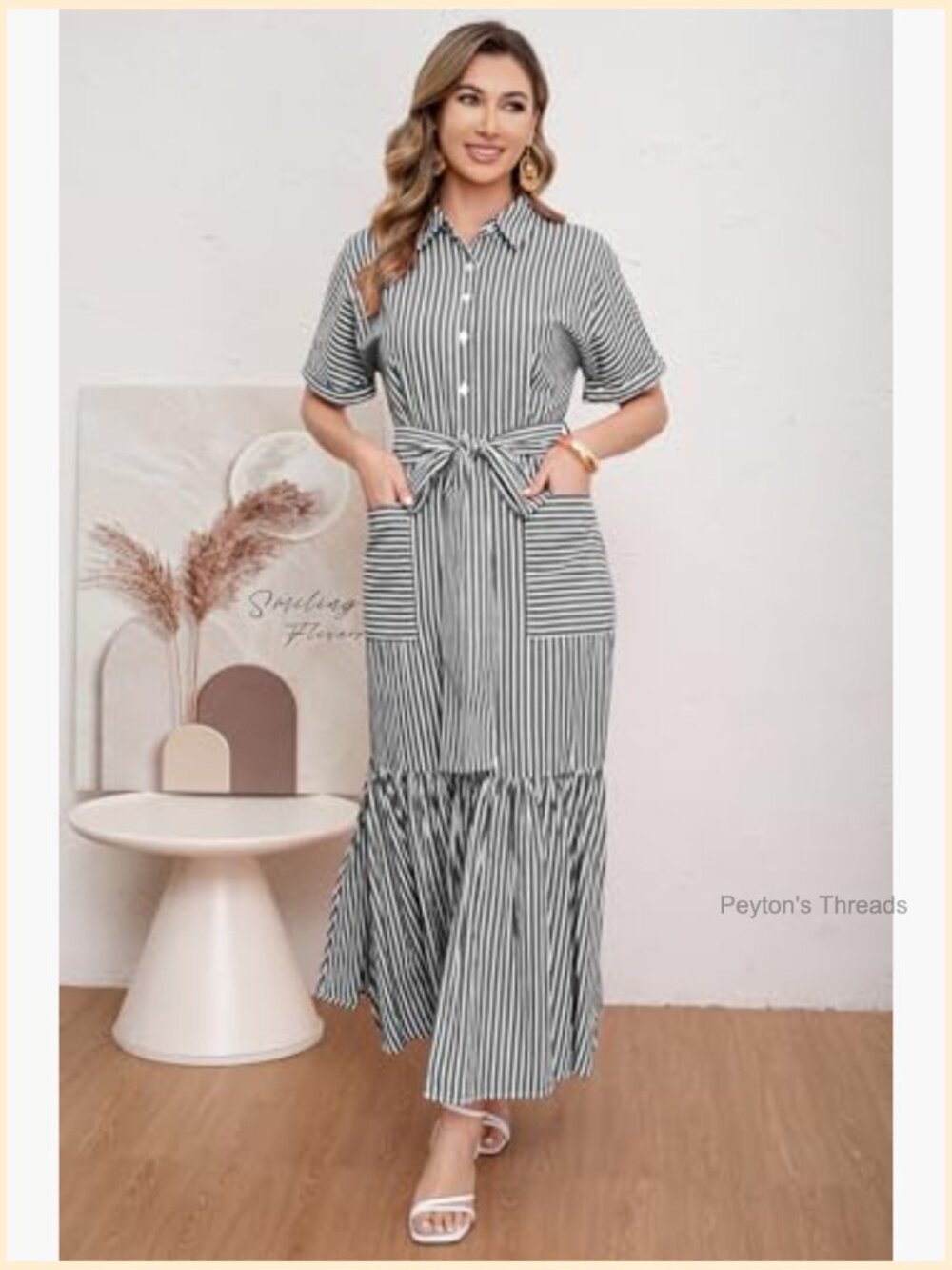 Striped Button Down Maxi Dress with Belt Pockets Short Sleeve A-Line Cotton - Picture 5 of 7